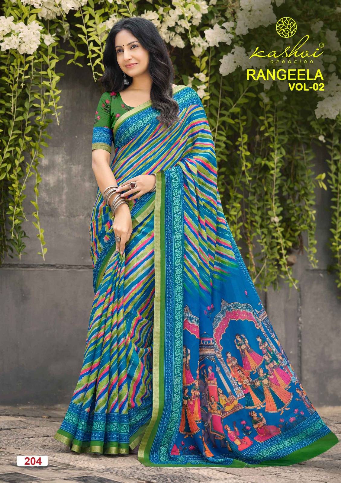 RANGEELA VOL- 2 By KASHVI CREATION 201 To 208 Series  Indian Traditional Wear Collection Beautiful Stylish Fancy Colorful Casuals Wear DULL MOSS KASAB BORDER Sarees At Wholesale Price